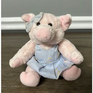 Vtg 1999 Clarisha Playful‎ Plush Pig Stuffed Animal Blue Dress Bow Kids Toy